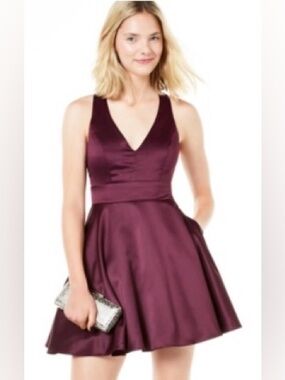City Studio Size 9 Bow Back Fit & Flare Dress Burgundy Halter Neck Padded Bust